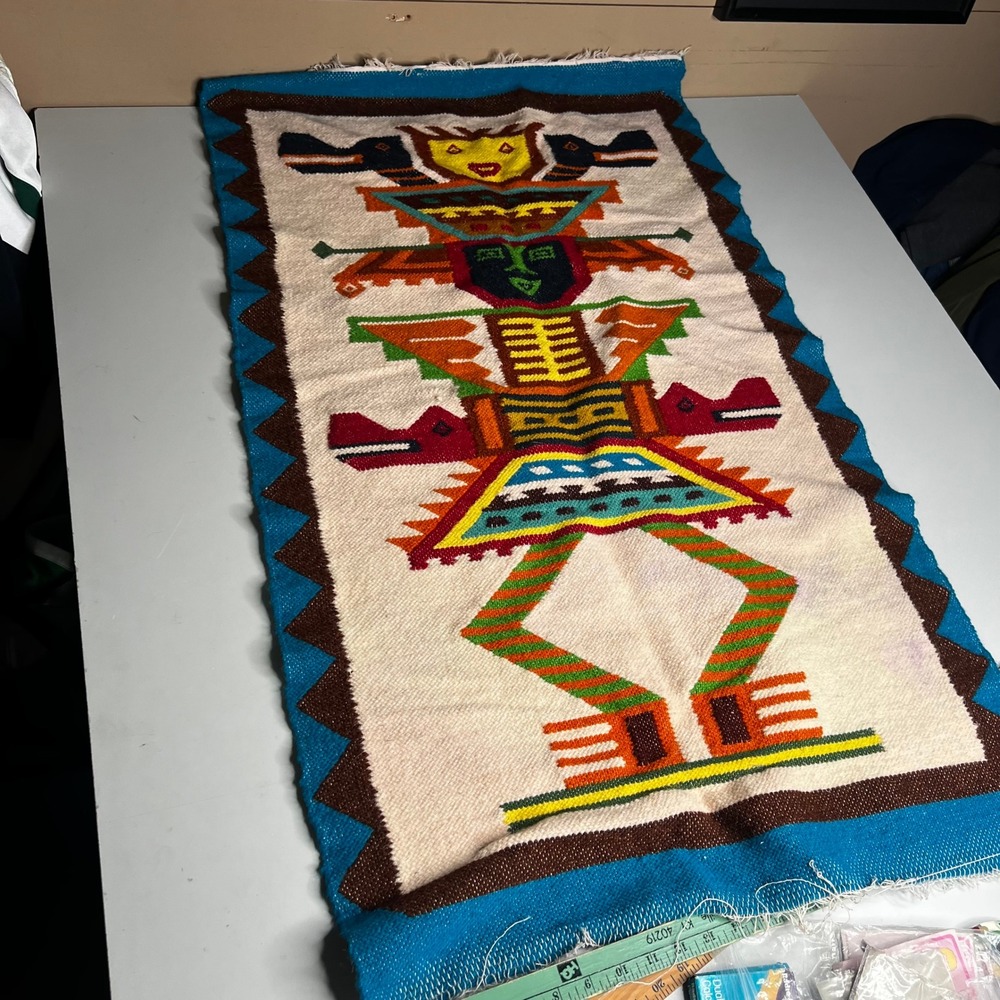 Vintage Handwoven Southwestern Wool Rug Tapestry Pictorial Geometric 35x18